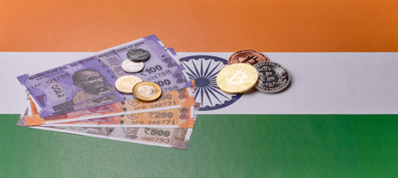 A conceptual financial background featuring Bitcoin against the Indian currency, the Rupee. Bitcoin...