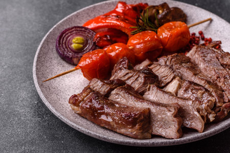 Steak, beef or pork meat grilled or barbecued with salt and spices. Beef steak as a food background for your designの写真素材