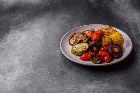 Grilled vegetables: bell peppers, zucchini, eggplant, onions, and corn. Grilled vegetables as a food background for your designの写真素材