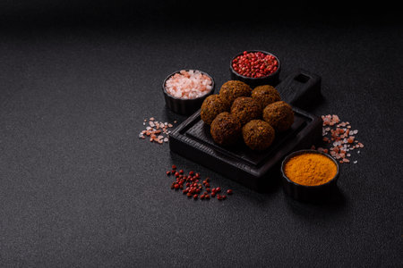 Falafel, a hearty Arabic dish made from boiled chickpeas and spices for vegetarians. Chickpea...