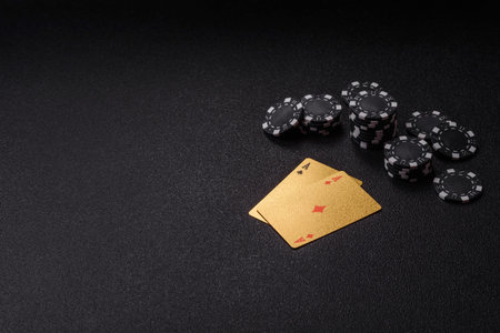 Playing cards and chips on a table, a gambling game of blackjack or baccarat. Cards and chips on a gaming table as a background for your design