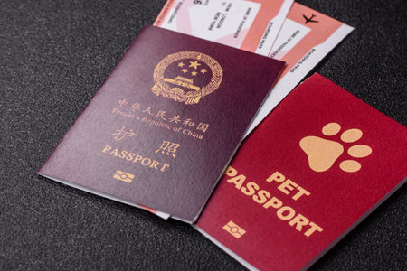 China, Chinese passport with money and flight tickets. Chinese passport with tickets as a background for your design