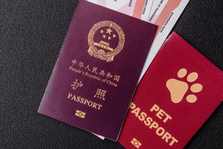 China, Chinese passport with money and flight tickets. Chinese passport with tickets as a background for your design