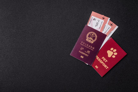 China, Chinese passport with money and flight tickets. Chinese passport with tickets as a background for your design