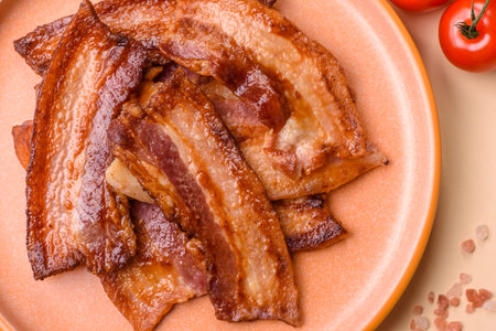 Fried fresh bacon slices with layers of meat or prosciutto prepared for breakfast. Fried bacon as a food background for your design