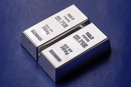 A silver bar, white metal against a backdrop of EU flag, as a concept for the sales market. A silver bar as a background for your design