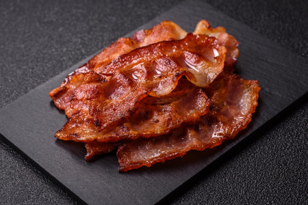 Fried fresh bacon slices with layers of meat or prosciutto with salt and spices. Fried bacon as a food background for your design