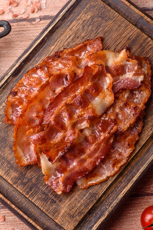 Fried fresh bacon slices with layers of meat or prosciutto with salt and spices. Fried bacon as a food background for your design