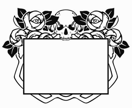 black frame with roses and skullのイラスト素材
