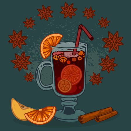 glass of mulled wine and fruitのイラスト素材