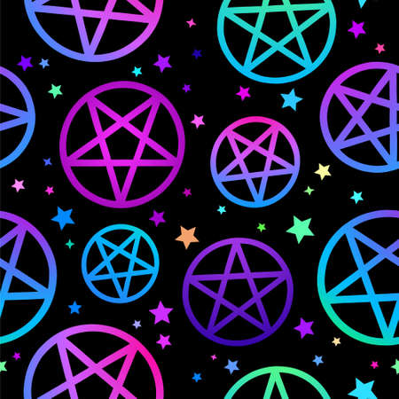 seamless pattern of neon pentagrams on black backgroundのイラスト素材