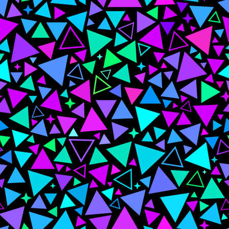 neon retro pattern of multicolored bright triangles and stars