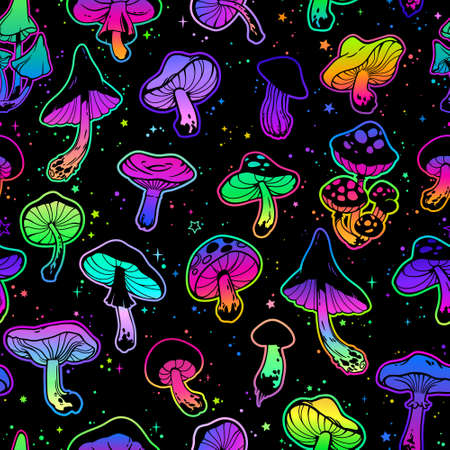 Seamless illustration with bright psychedelic mushroomsのイラスト素材