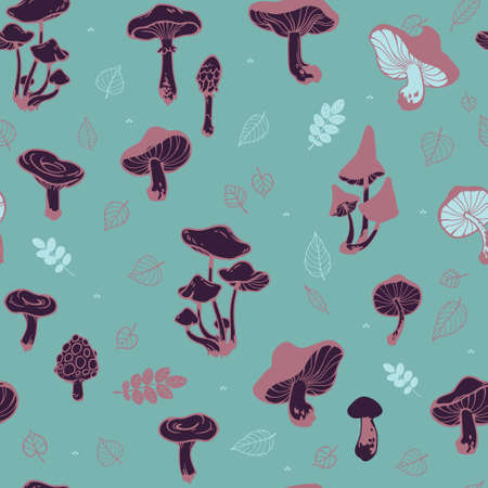 seamless floral natural pattern of mushrooms and leavesのイラスト素材