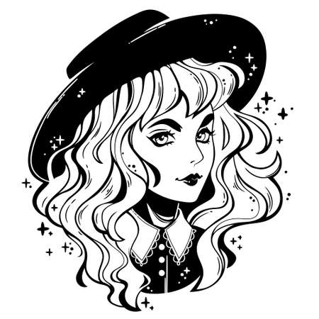 portrait of cute gothic girl with hat and curly hairのイラスト素材