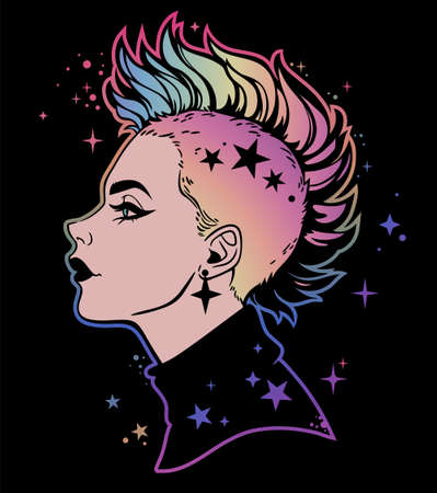 Retro disco girl face with punk hair styleのイラスト素材