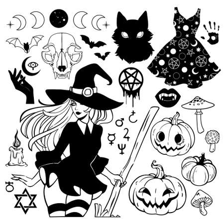 a set of black drawings and silhouettes on a witch theme on a white backgroundのイラスト素材