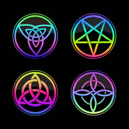 set of bright scandinavian symbols in a round frame on a black backgroundのイラスト素材