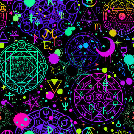 seamless illustration of magical bright alchemical and cosmic signsのイラスト素材