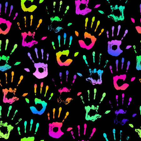 bright rainbow handprints on black backgroundのイラスト素材