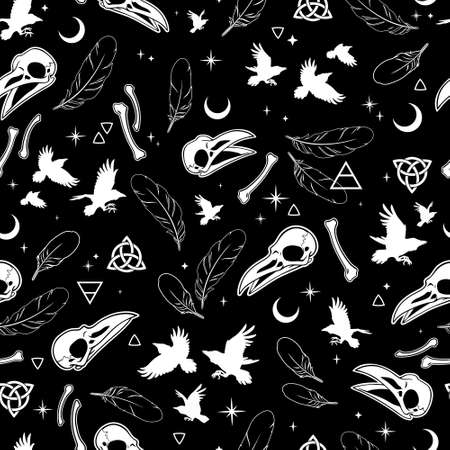 seamless pattern of birds, skulls and feathersのイラスト素材