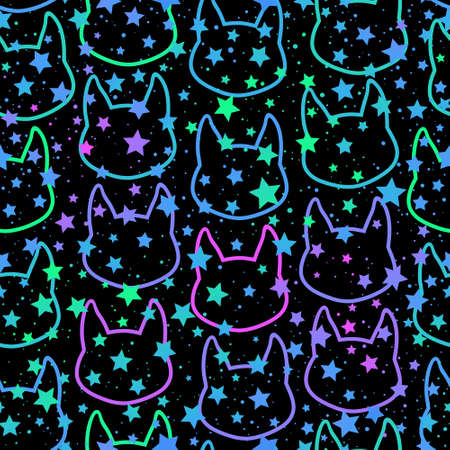 seamless pattern of bright cat silhouettes and scattering starsのイラスト素材