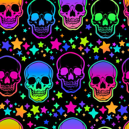seamless illustration of neon bright human skulls and starsのイラスト素材