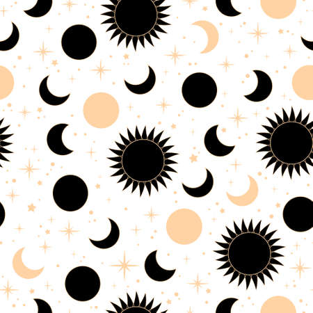 seamless illustration with golden sun and moon elements