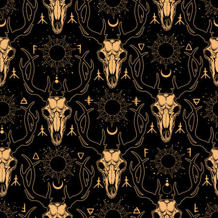 esoteric golden seamless deer skull ornamentのイラスト素材