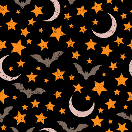 seamless pattern of soaring bats and stars on a black backgroundのイラスト素材