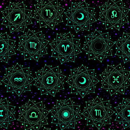 golden astrological patterns with zodiac signsのイラスト素材