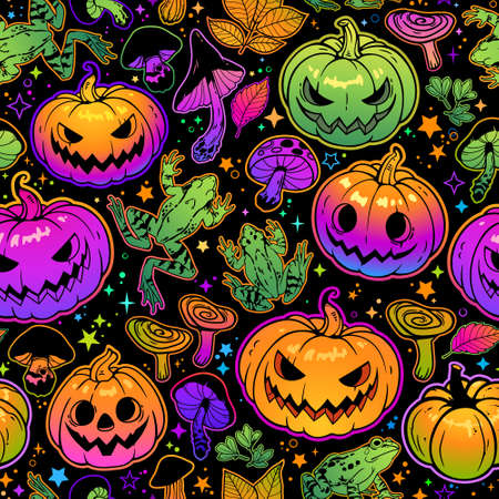 seamless bright halloween pattern of pumpkins, mushrooms and frogsのイラスト素材