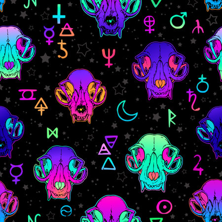 seamless illustration of neon bright animals skulls and esoteric symbolsのイラスト素材