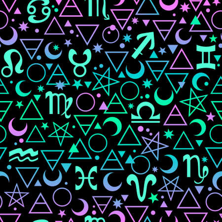 seamless pattern of alchemical and zodiac signs on a black backgroundのイラスト素材