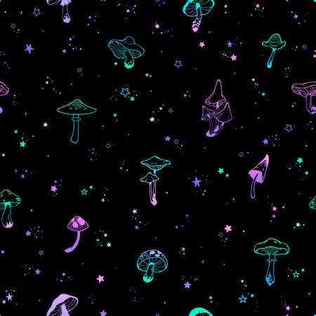 seamless pattern of different mushrooms and starsのイラスト素材