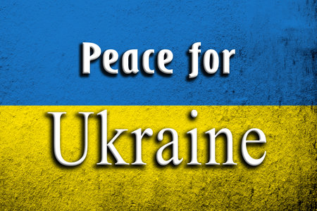Peace for Ukraine. Dirty Ukraine flag with anti war text. grunge backgroundの写真素材