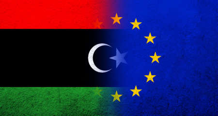 Flag of the European Union with Libya National flag. grunge background