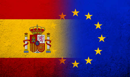 Flag of the European Union with Kingdom of Spain National flag. grunge backgroundの写真素材