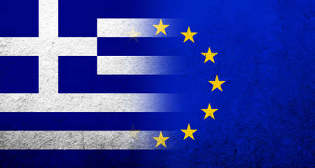 Flag of the European Union with National flag of Greece. grunge backgroundの写真素材