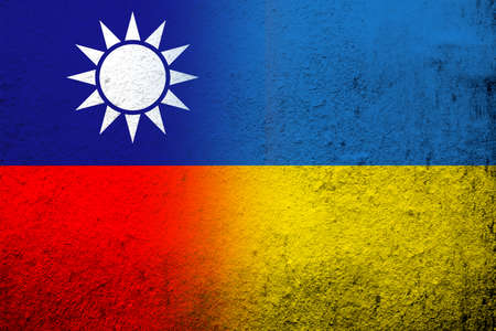 Taiwan National flag with National flag of Ukraine. grunge backgroundの写真素材