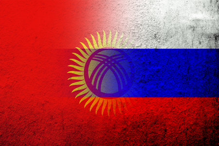 National flag of Russian Federation with The Kyrgyz Republic Kyrgyzstan National flag. grunge backgroundの写真素材