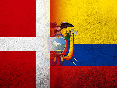 the Kingdom of Denmark National flag with the Republic of Ecuador National flag. grunge backgroundの写真素材