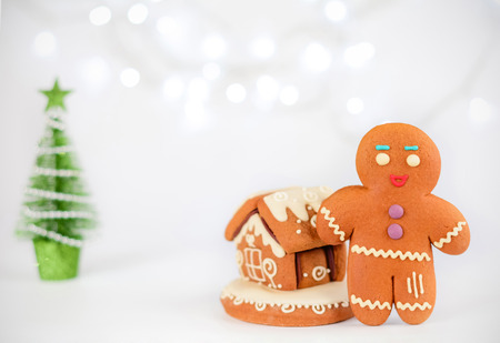 Gingerbread man near the house on the background of beautiful bokeh snowflakes. Christmas food...