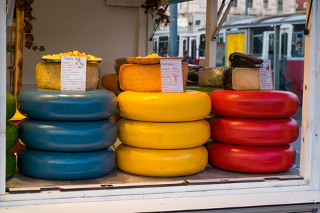 VIENNA, AUSTRIA - OCTOBER 08, 2018: Sale of various cheeses at the fair.のeditorial素材