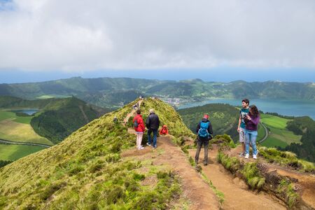 San Miguel, Portugal - May 12, 2019: Tourists enjoy of beautiful view from Boca do Inferno at island Azores.のeditorial素材
