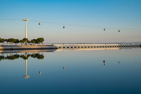 LISBON, PORTUGAL - FEBRUARY 12, 2019: Telecabine Lisboa at Parque das Nacoes. The cable car against the Tagus river.のeditorial素材