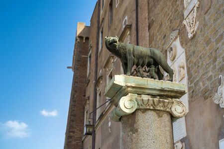 Rome, Italy - 22 June 2019: She-wolf feeding Romulus (the founder of Rome) and Remus: ancient Roman symbol on the Capitoline hill, Piazza del Campidoglio square.のeditorial素材
