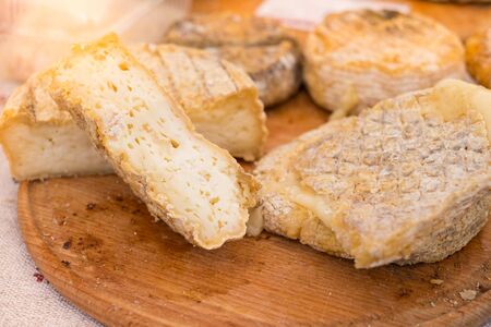 Aged soft cheese on a  served on wooden background. Dairy delicacies.