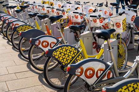 AUSTRIA, VIENNA - OCTOBER 08,2018: A lot of bikes available for rental, parked in the city center.