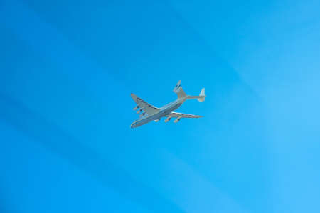 Kiev Region, Ukraine - April 23, 2020: Antonov An-225 cargo plane is returning to the Kiev region...